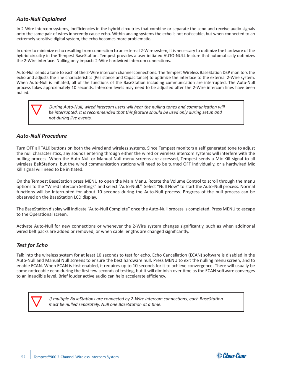 Auto-null explained, Auto-null procedure, Test for echo | Clear-Com Tempest900 User Manual | Page 58 / 100