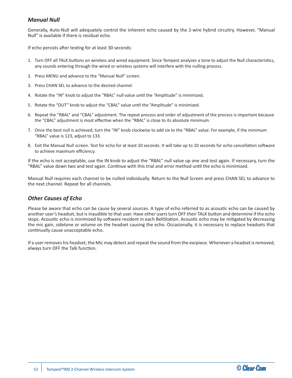 Manual null, Other causes of echo | Clear-Com Tempest900 User Manual | Page 59 / 100