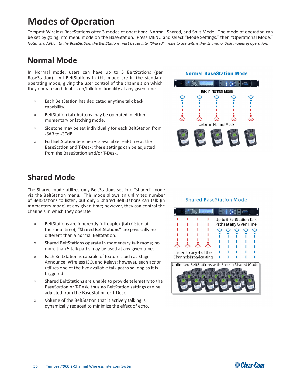 Modes of operation, Normal mode, Shared mode | Clear-Com Tempest900 User Manual | Page 61 / 100