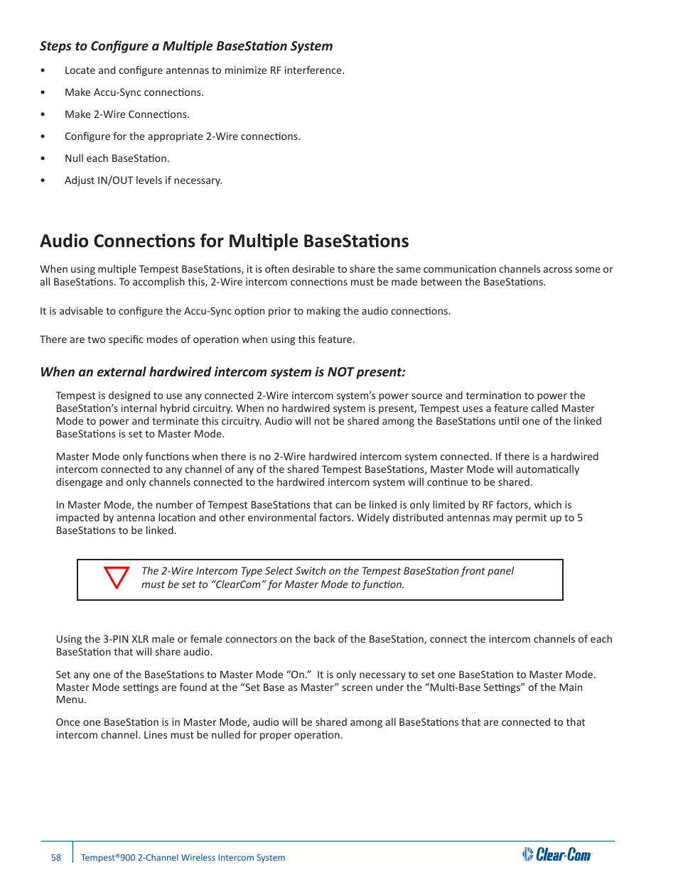 Audio connections for multiple basestations, Steps to configure a multiple basestation system | Clear-Com Tempest900 User Manual | Page 64 / 100