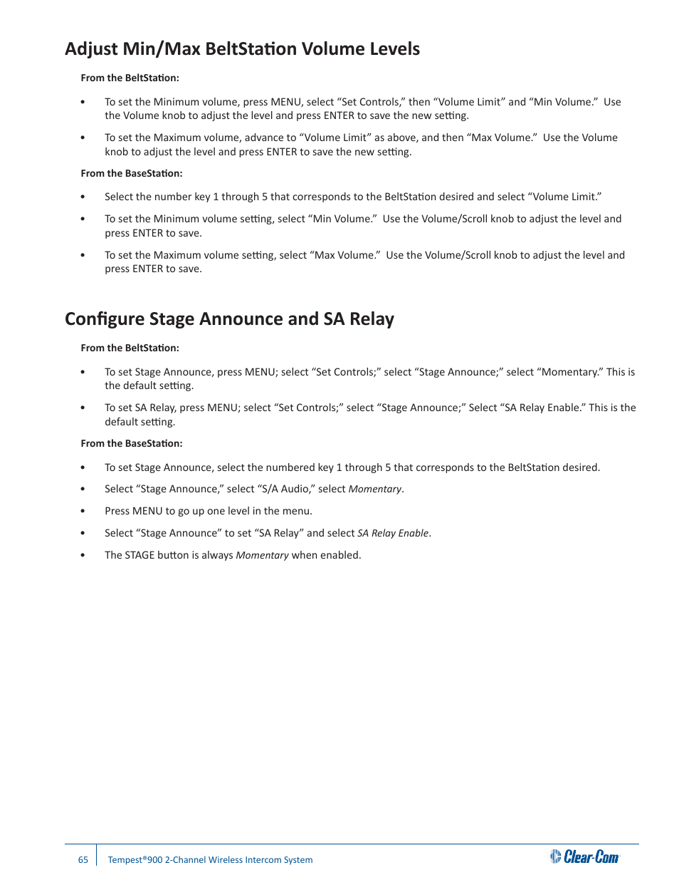 Adjust min/max beltstation volume levels, Configure stage announce and sa relay | Clear-Com Tempest900 User Manual | Page 71 / 100