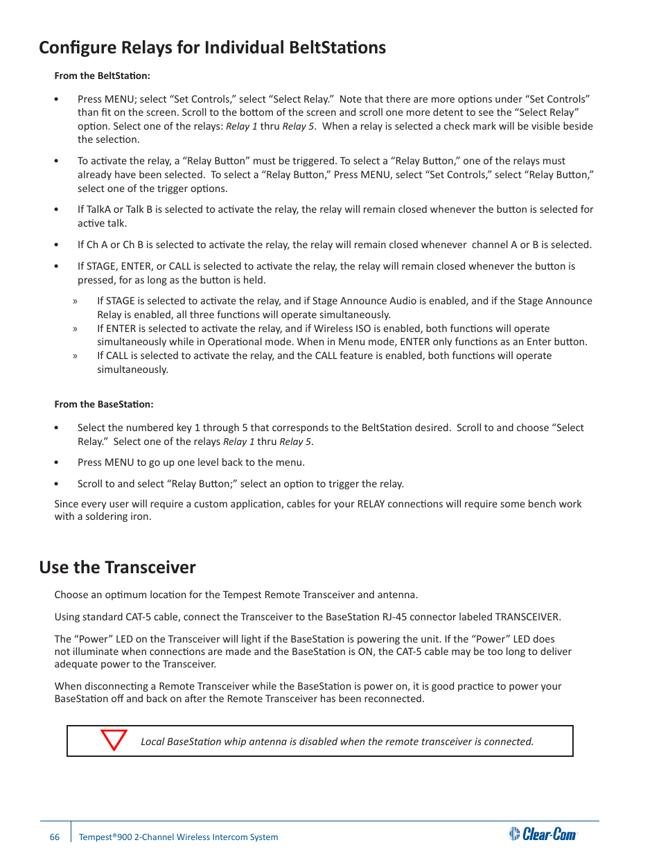 Configure relays for individual beltstations, Use the transceiver | Clear-Com Tempest900 User Manual | Page 72 / 100