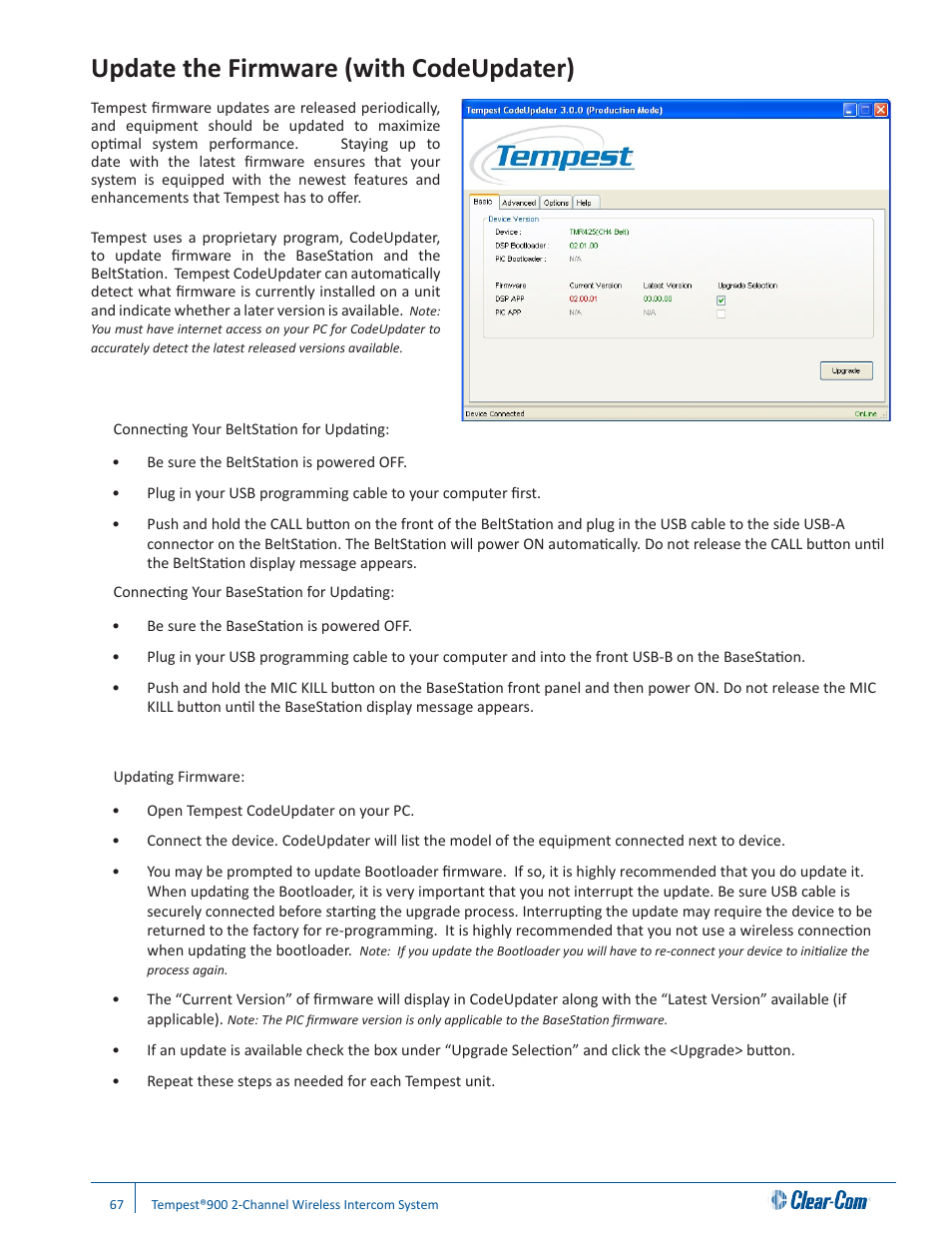 Update the firmware (with codeupdater) | Clear-Com Tempest900 User Manual | Page 73 / 100