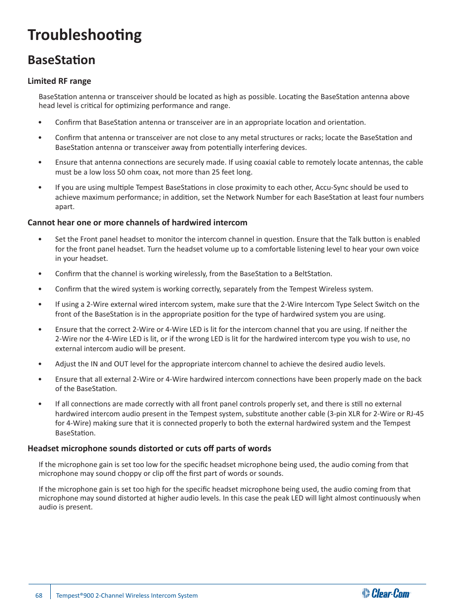 Troubleshooting, Basestation | Clear-Com Tempest900 User Manual | Page 74 / 100