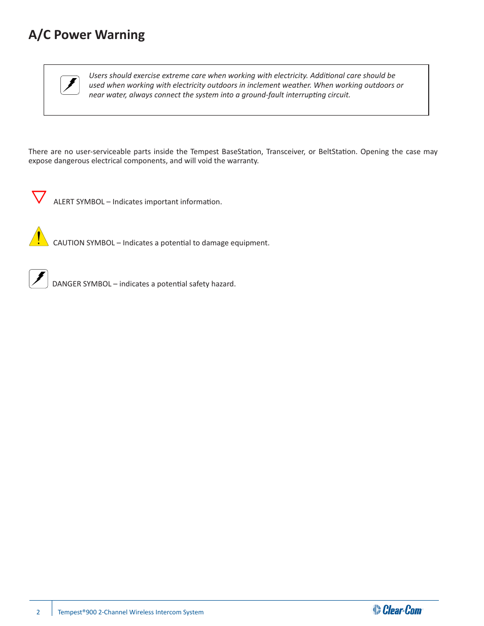 A/c power warning | Clear-Com Tempest900 User Manual | Page 8 / 100