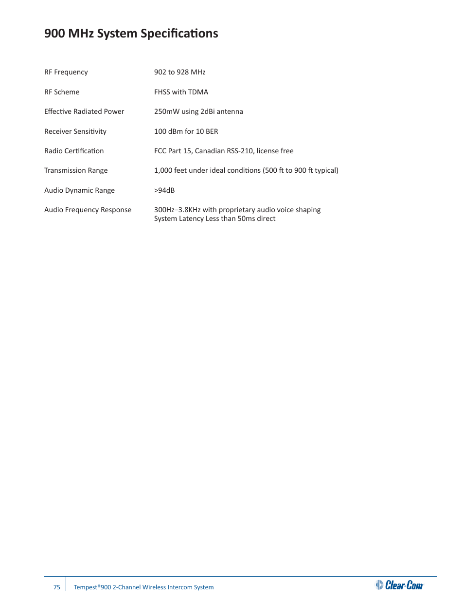 900 mhz system specifications | Clear-Com Tempest900 User Manual | Page 81 / 100