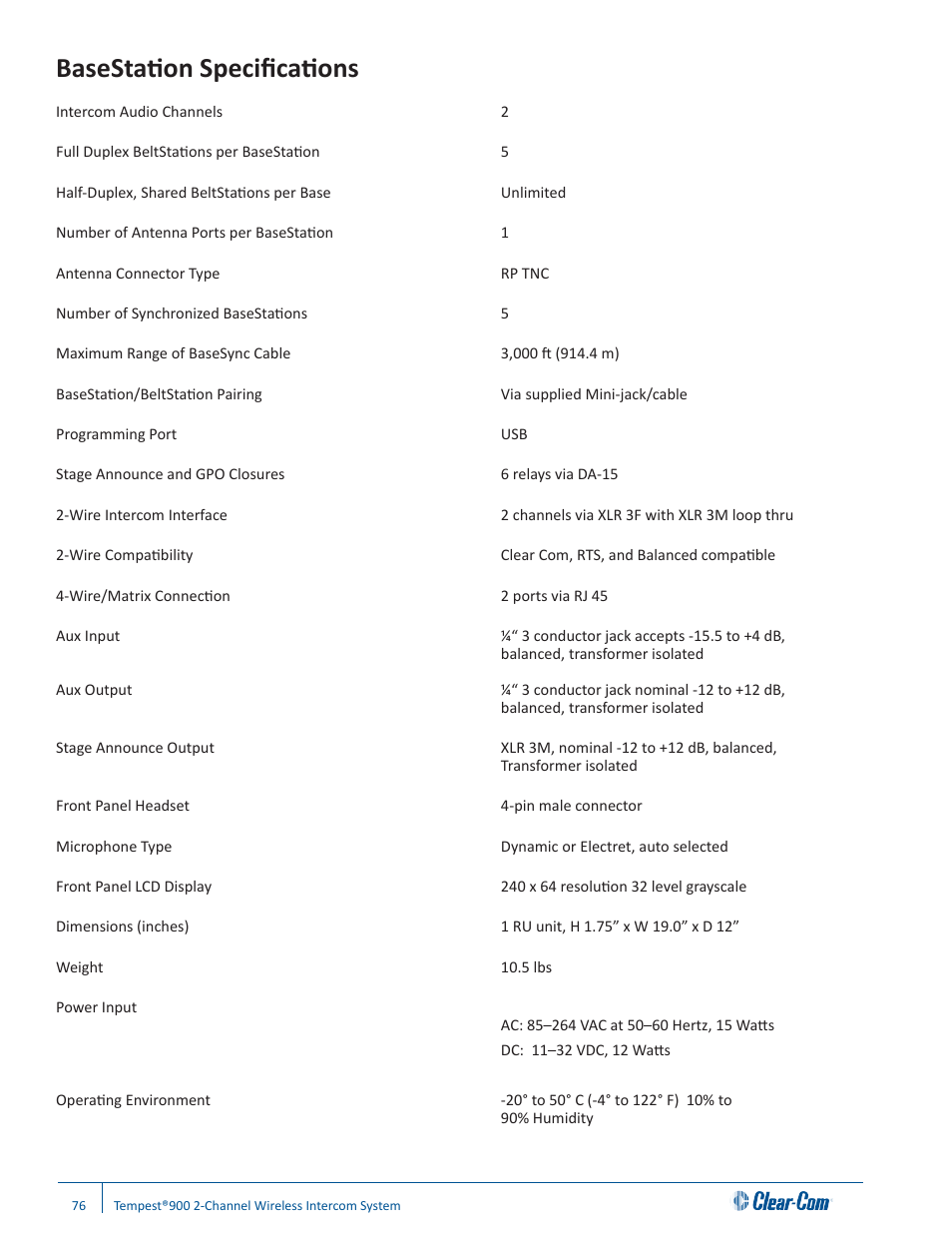 Basestation specifications | Clear-Com Tempest900 User Manual | Page 82 / 100