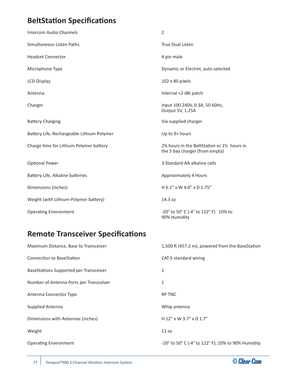 Beltstation specifications, Remote transceiver specifications | Clear-Com Tempest900 User Manual | Page 83 / 100