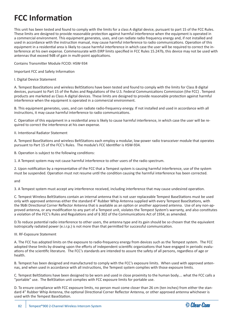 Fcc information | Clear-Com Tempest900 User Manual | Page 88 / 100