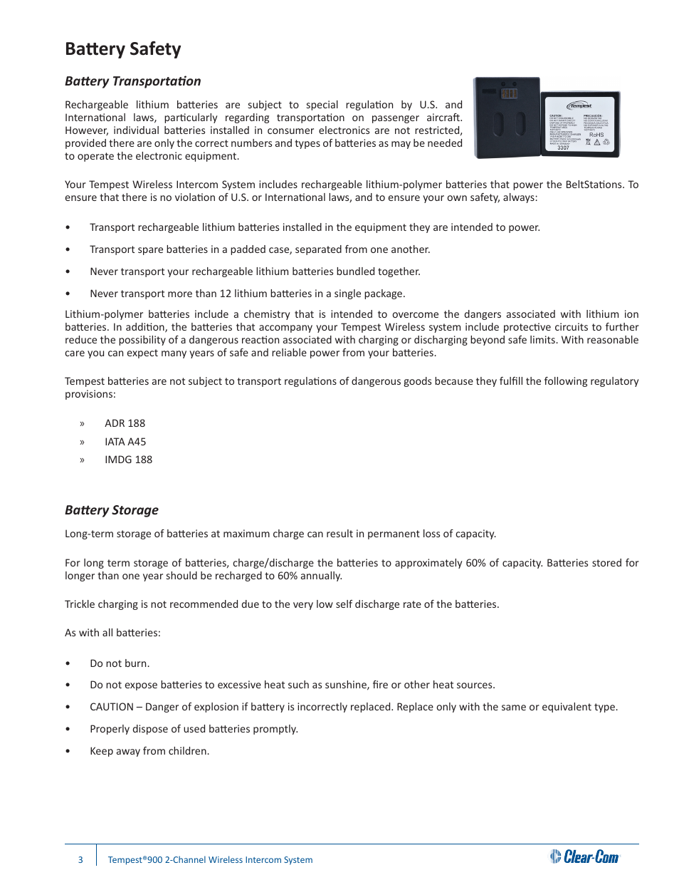 Battery safety, Battery transportation, Battery storage | Clear-Com Tempest900 User Manual | Page 9 / 100