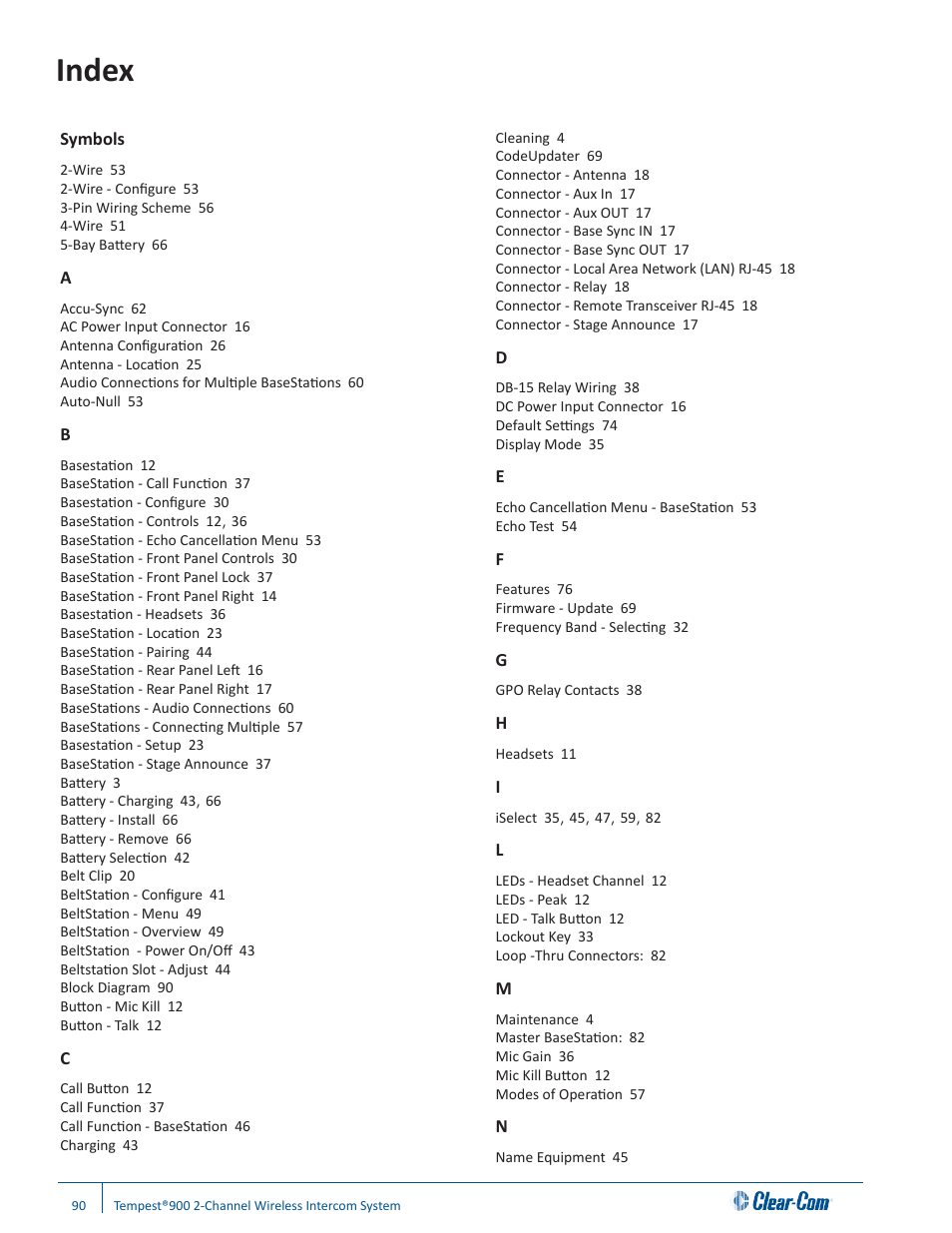 Index | Clear-Com Tempest900 User Manual | Page 96 / 100