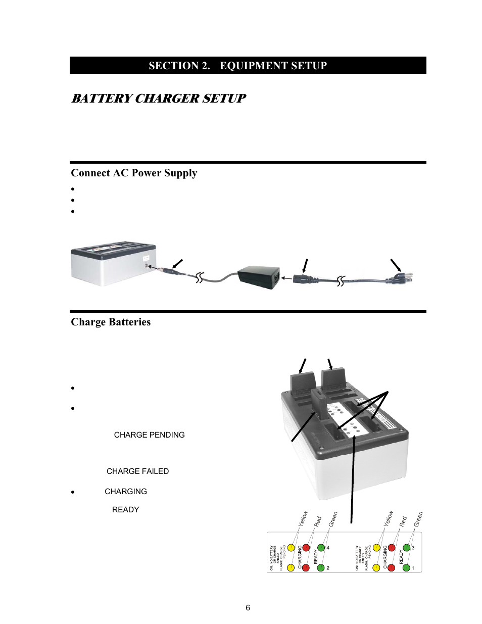 Equipment setup, Battery charger setup, Connect ac power supply | Charge batteries, Section 2 | Clear-Com BS200 User Manual | Page 11 / 40