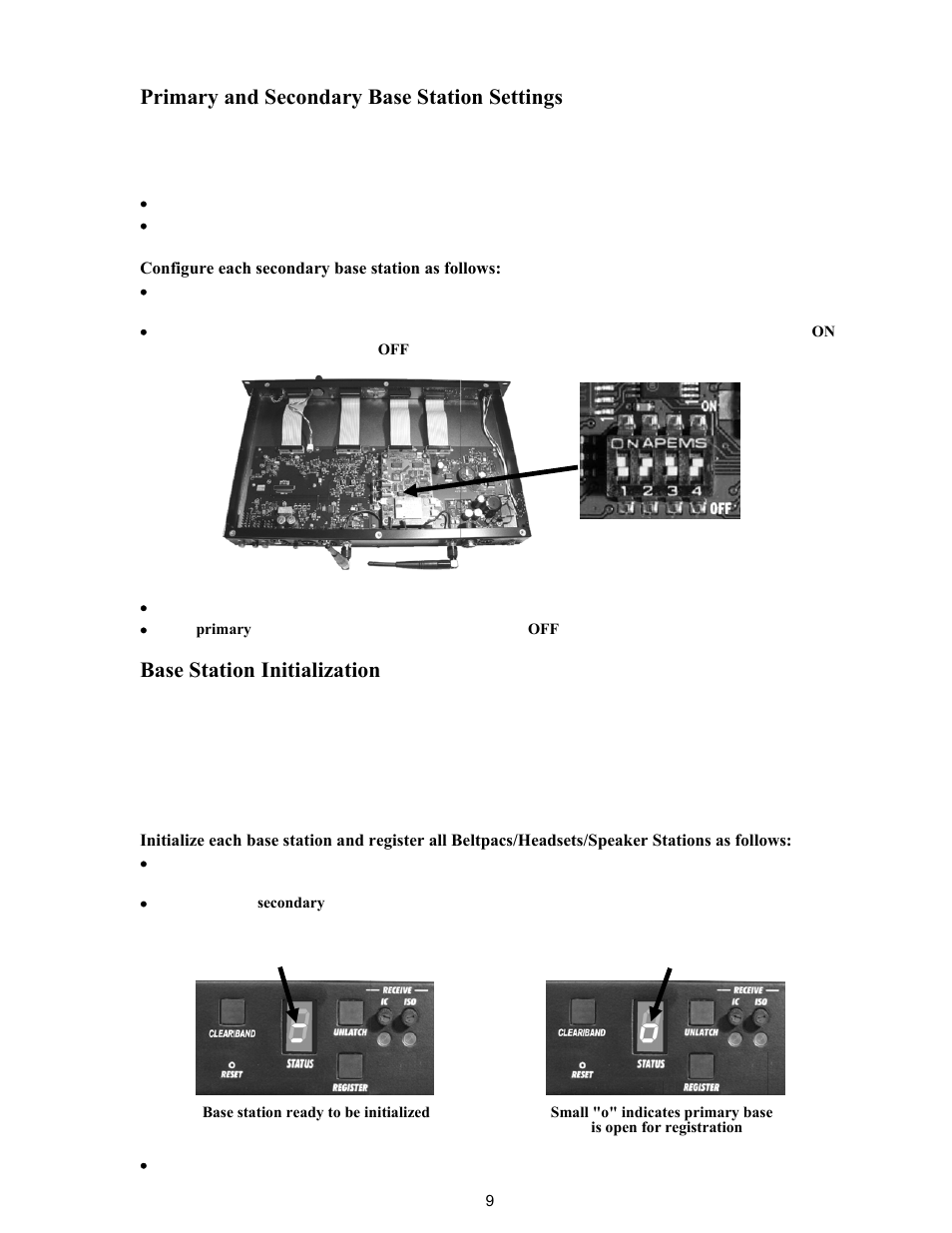 Primary and secondary base station settings, Base station initialization | Clear-Com BS200 User Manual | Page 14 / 40