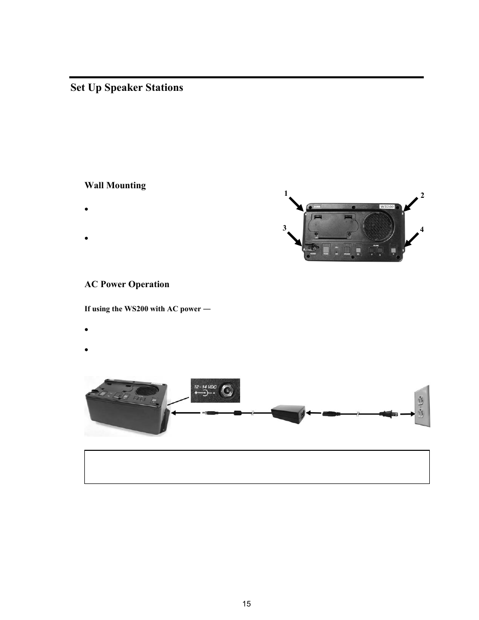 Set up speaker stations, Wall mounting, Ac power operation | Clear-Com BS200 User Manual | Page 20 / 40