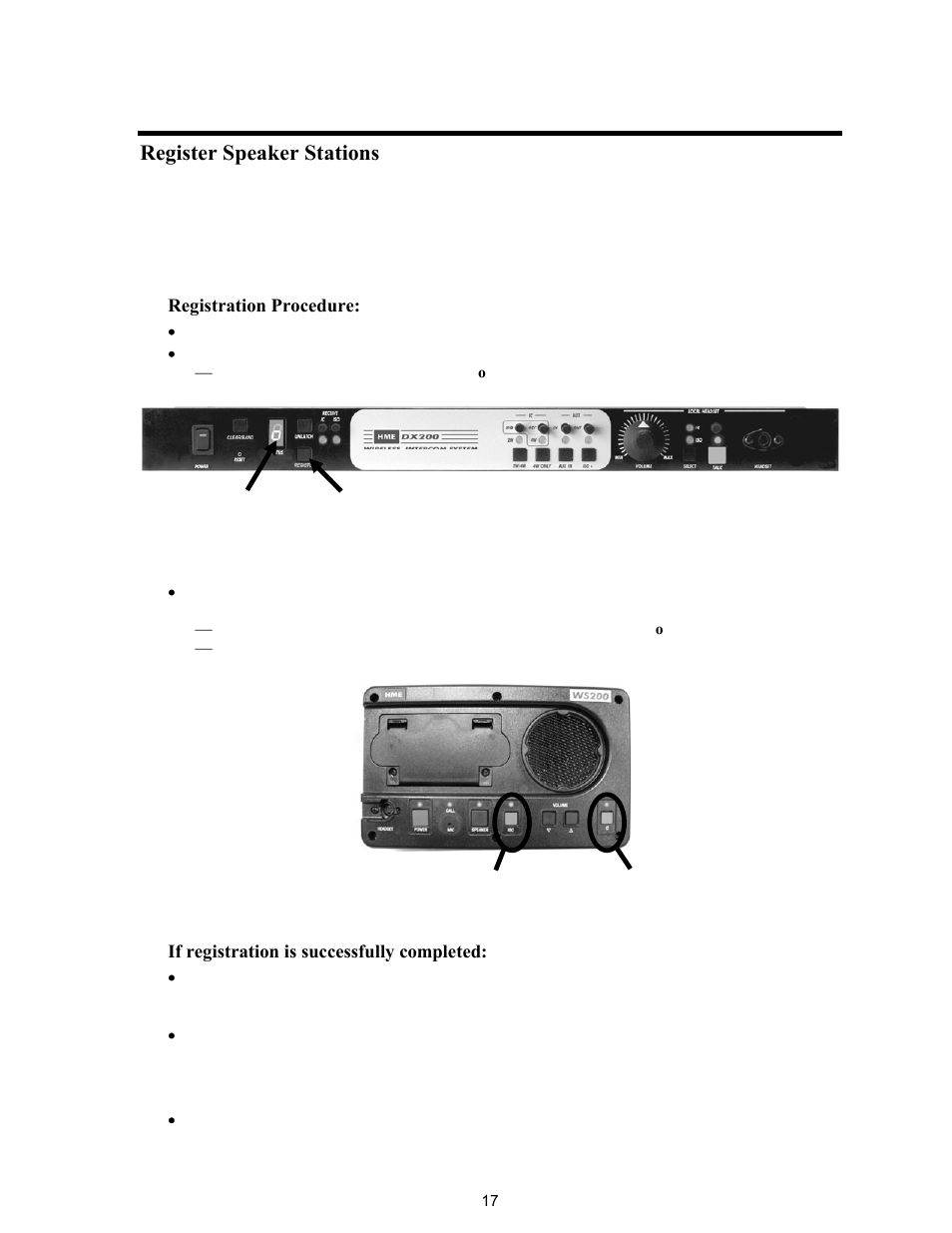 Register speaker stations, Registration procedure, If registration is successfully completed | Clear-Com BS200 User Manual | Page 22 / 40