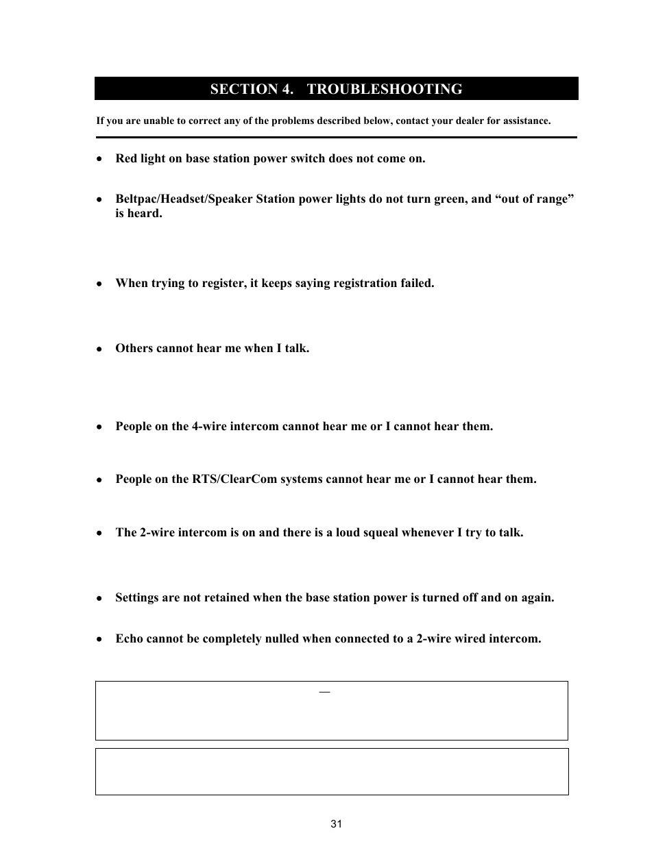 Troubleshooting, Section 4 | Clear-Com BS200 User Manual | Page 36 / 40