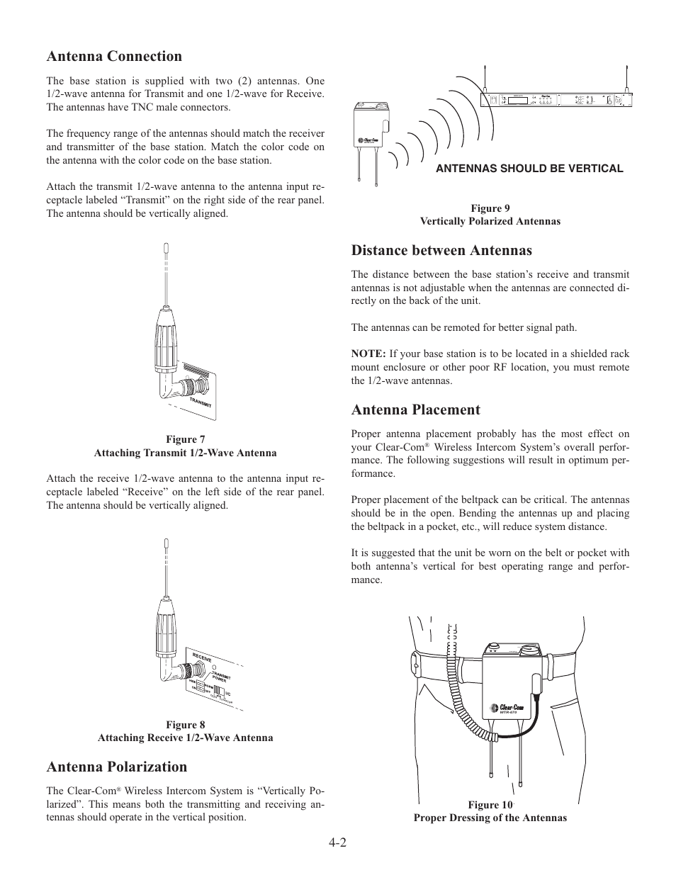 Antenna connection, Antenna polarization, Distance between antennas | Antenna placement | Clear-Com WTR-670 User Manual | Page 16 / 62