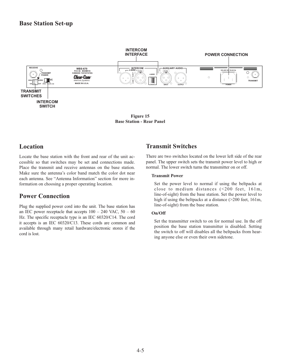 Base station set-up location, Power connection, Transmit switches | Figure 15 base station - rear panel | Clear-Com WTR-670 User Manual | Page 19 / 62