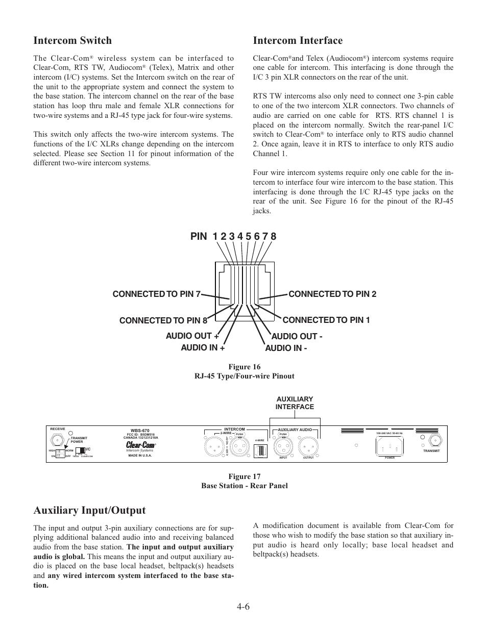Intercom switch, Auxiliary input/output, Intercom interface | The clear-com, Clear-com, And telex (audiocom | Clear-Com WTR-670 User Manual | Page 20 / 62