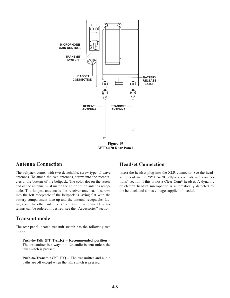 Antenna connection, Transmit mode, Headset connection | Clear-Com WTR-670 User Manual | Page 22 / 62