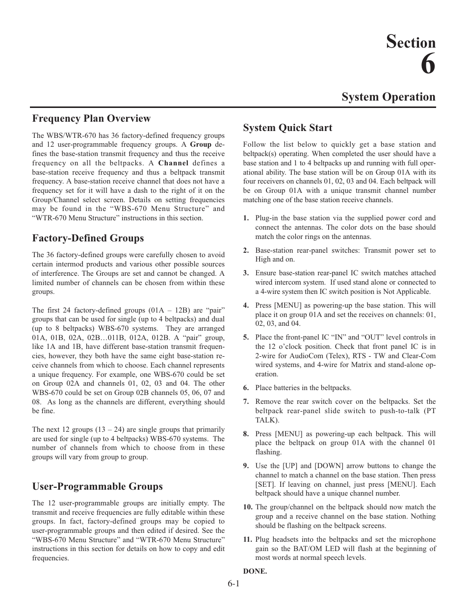Ection, System operation, Frequency plan overview | Factory-defined groups, User-programmable groups, System quick start | Clear-Com WTR-670 User Manual | Page 26 / 62