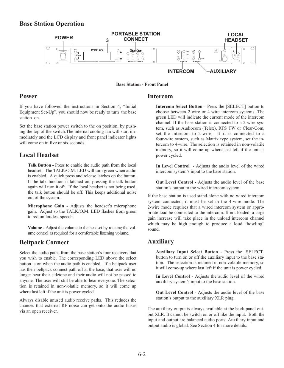 Base station operation power, Local headset, Beltpack connect | Intercom, Auxiliary | Clear-Com WTR-670 User Manual | Page 27 / 62