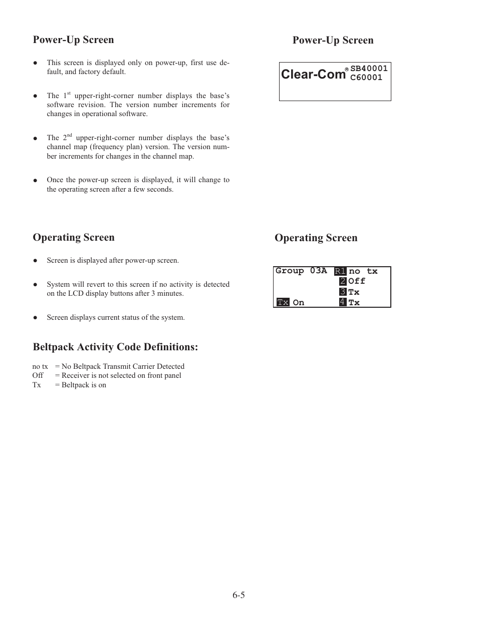 Clear-com, Operating screen | Clear-Com WTR-670 User Manual | Page 30 / 62