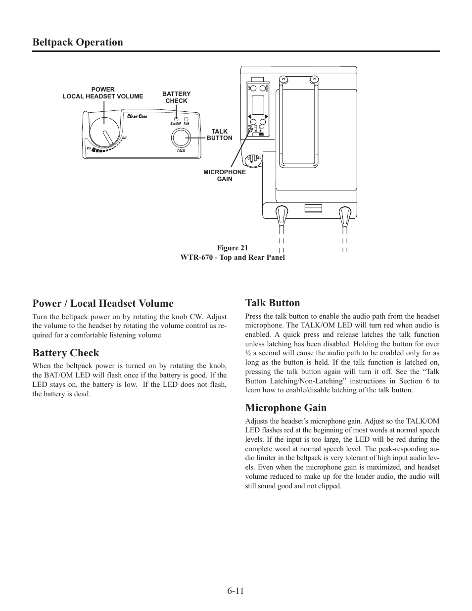 Beltpack operation power / local headset volume, Battery check, Talk button | Microphone gain | Clear-Com WTR-670 User Manual | Page 36 / 62