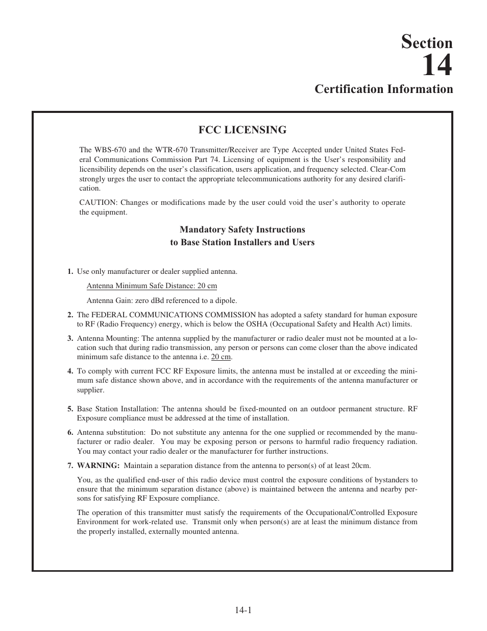 Ection, Certification information | Clear-Com WTR-670 User Manual | Page 58 / 62
