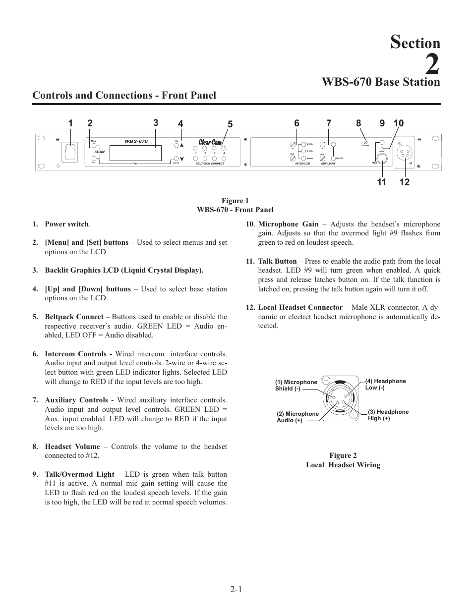 Ection, Wbs-670 base station, Controls and connections - front panel | Clear-Com WTR-670 User Manual | Page 7 / 62