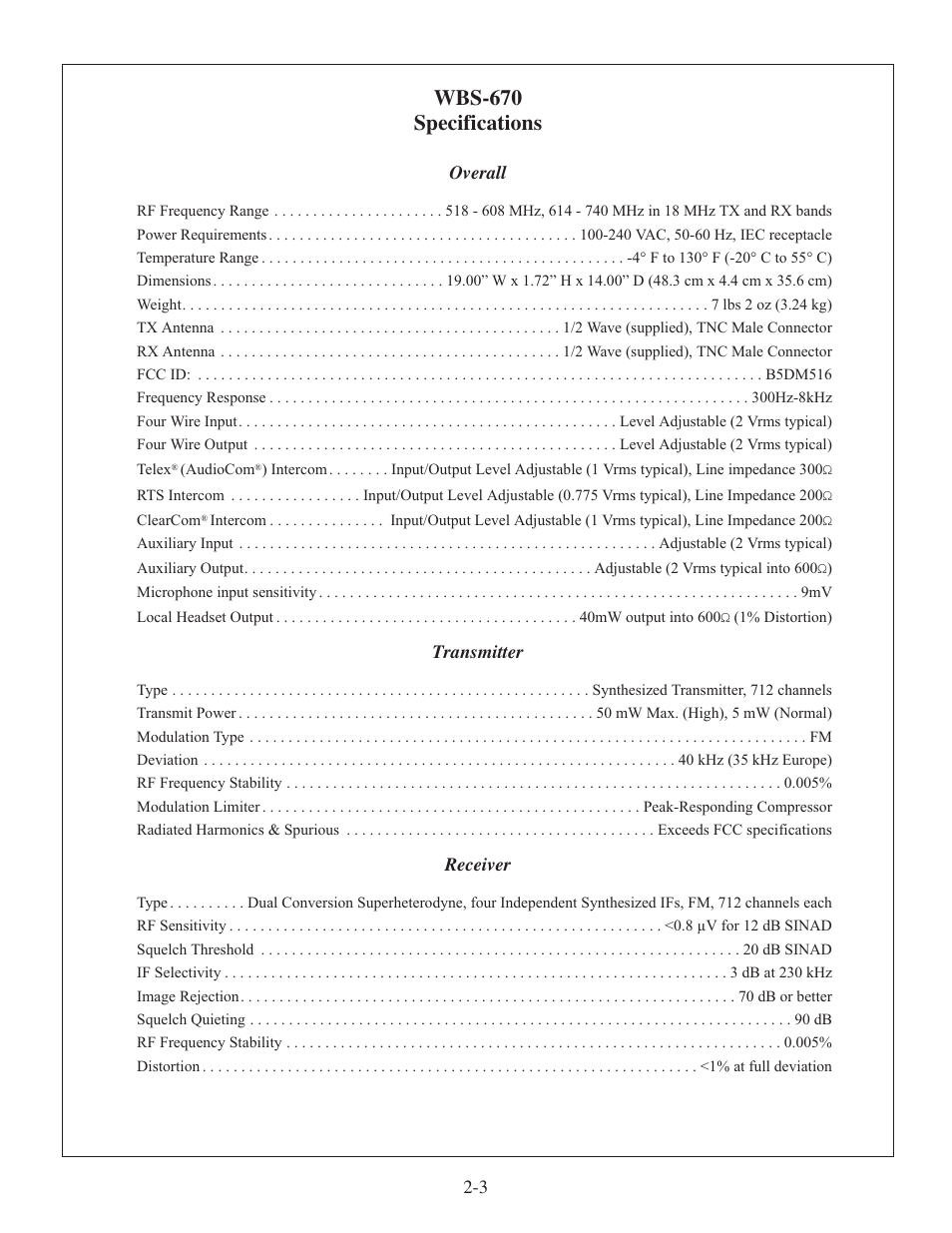 Wbs-670 specifications | Clear-Com WTR-670 User Manual | Page 9 / 62