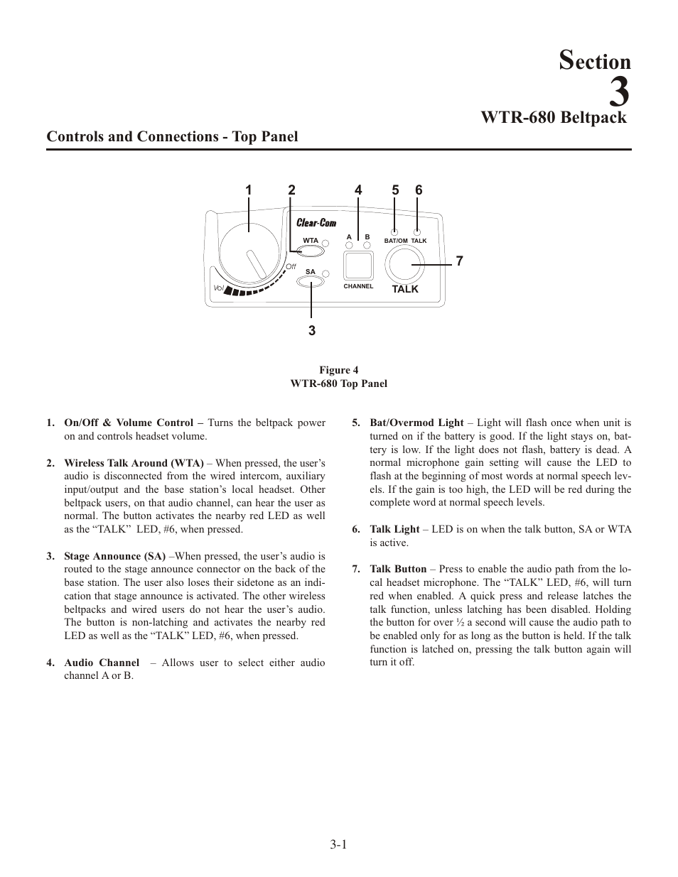 Ection, Wtr-680 beltpack, Con trols and con nec tions - top panel | Clear-Com WTR-680 User Manual | Page 11 / 86