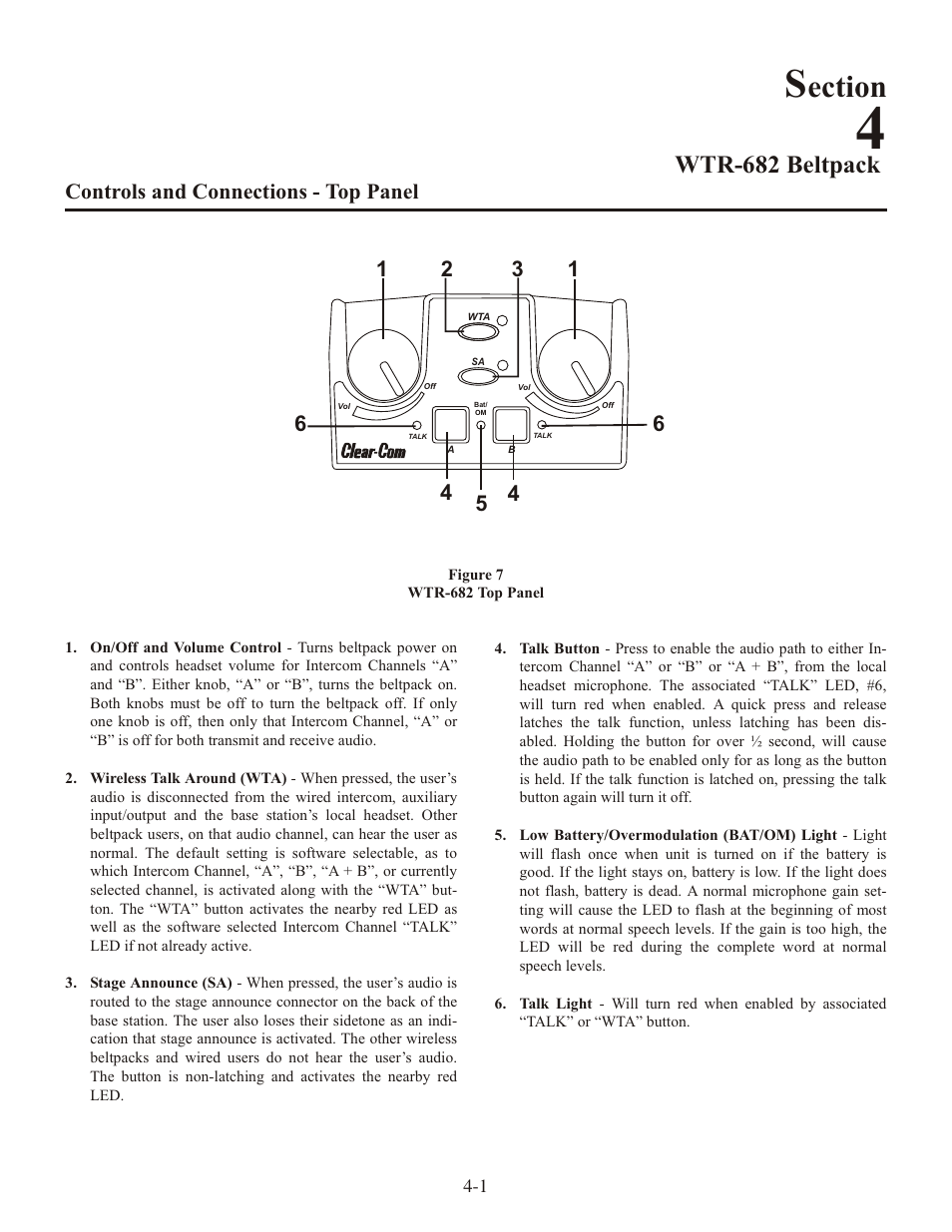 Ection, Wtr-682 beltpack, Con trols and con nec tions - top panel | Clear-Com WTR-680 User Manual | Page 15 / 86