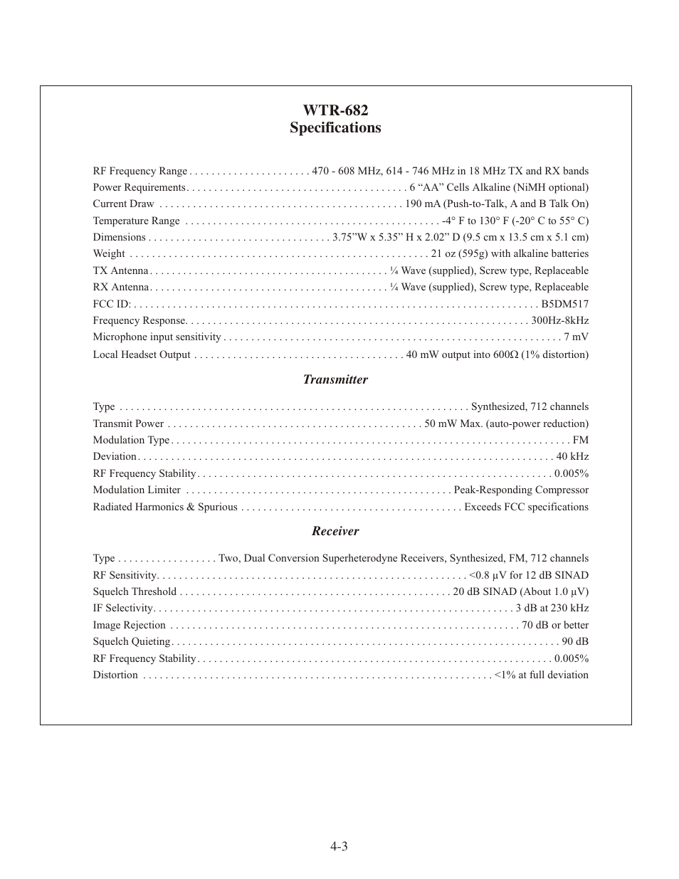 Wtr-682 spec i fi ca tions | Clear-Com WTR-680 User Manual | Page 17 / 86