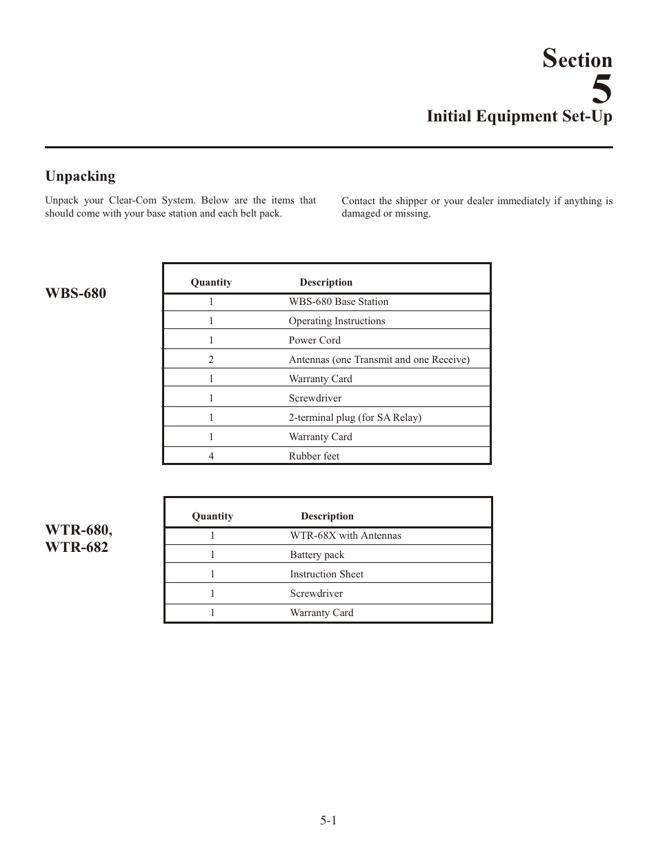 Ection, Ini tial equip ment set-up | Clear-Com WTR-680 User Manual | Page 19 / 86