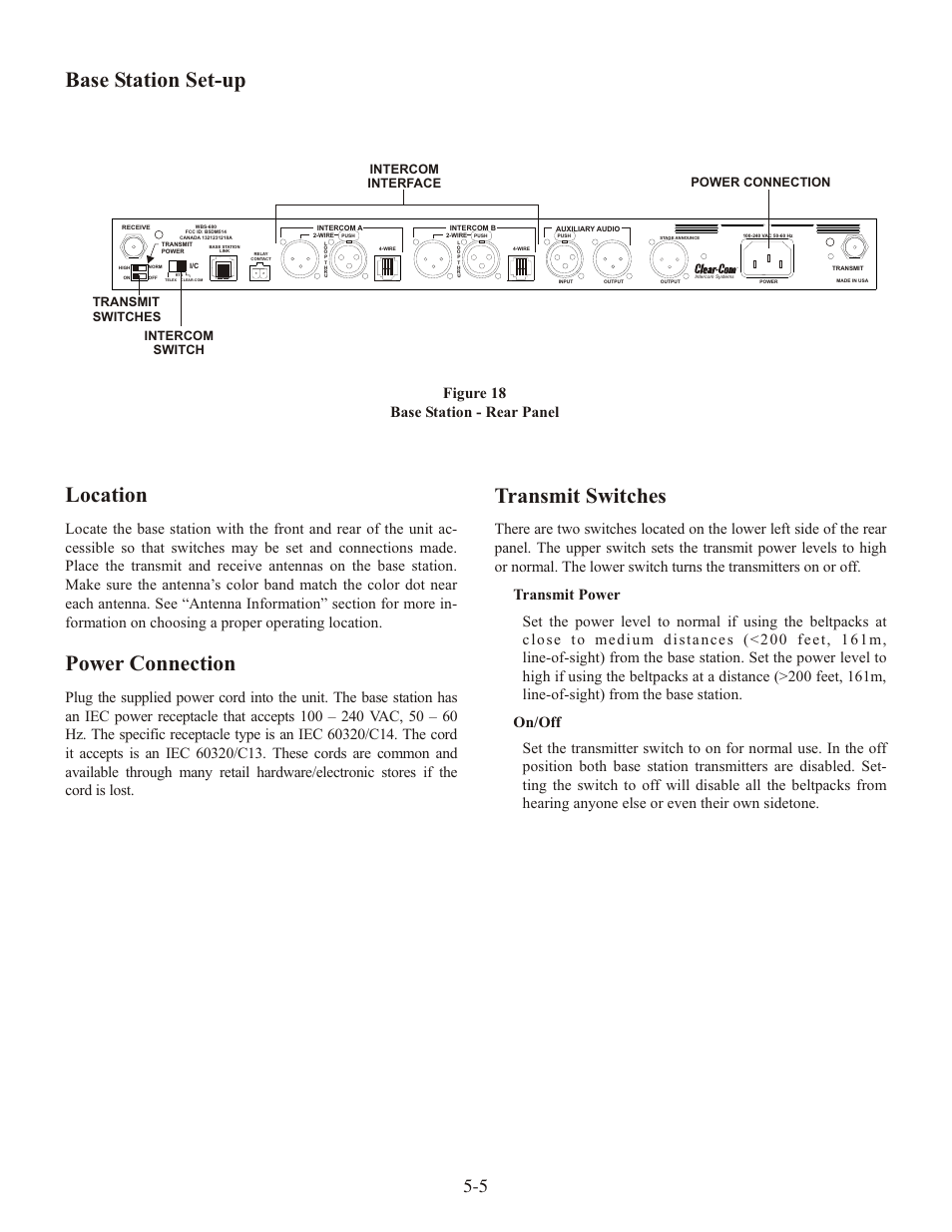 Base sta tion set-up lo ca tion, Power con nec tion, Trans mit switches | Fig ure 18 base sta tion - rear panel | Clear-Com WTR-680 User Manual | Page 23 / 86