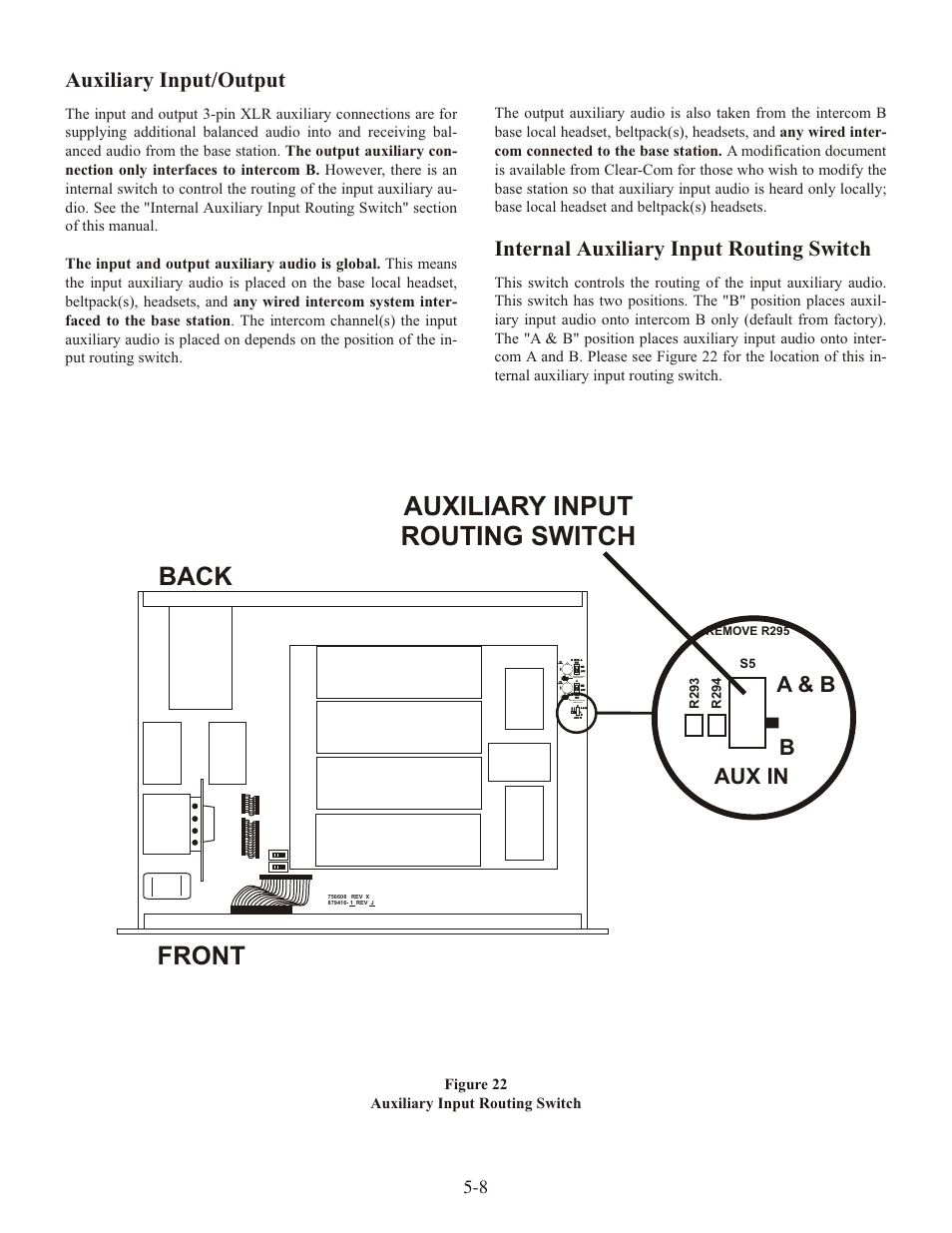 Auxiliary input routing switch, Front back, Ba & b aux in | Aux il iary in put/out put | Clear-Com WTR-680 User Manual | Page 26 / 86