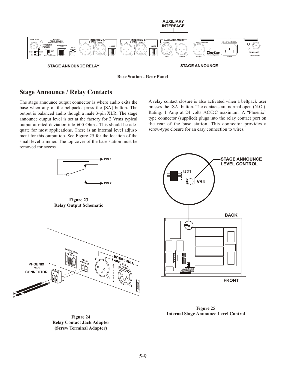 Stage an nounce / re lay con tacts, Base sta tion - rear panel, Fig ure 23 re lay out put schematic | U21 vr4 stage announce level control front back | Clear-Com WTR-680 User Manual | Page 27 / 86