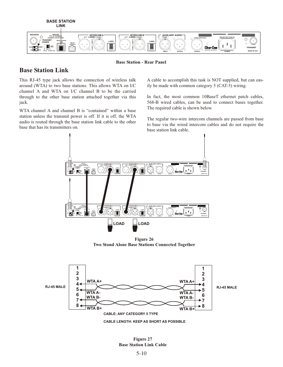 Base sta tion link, Base sta tion - rear panel, Base station link | Wta a+ wta a- wta b- wta b, Load | Clear-Com WTR-680 User Manual | Page 28 / 86