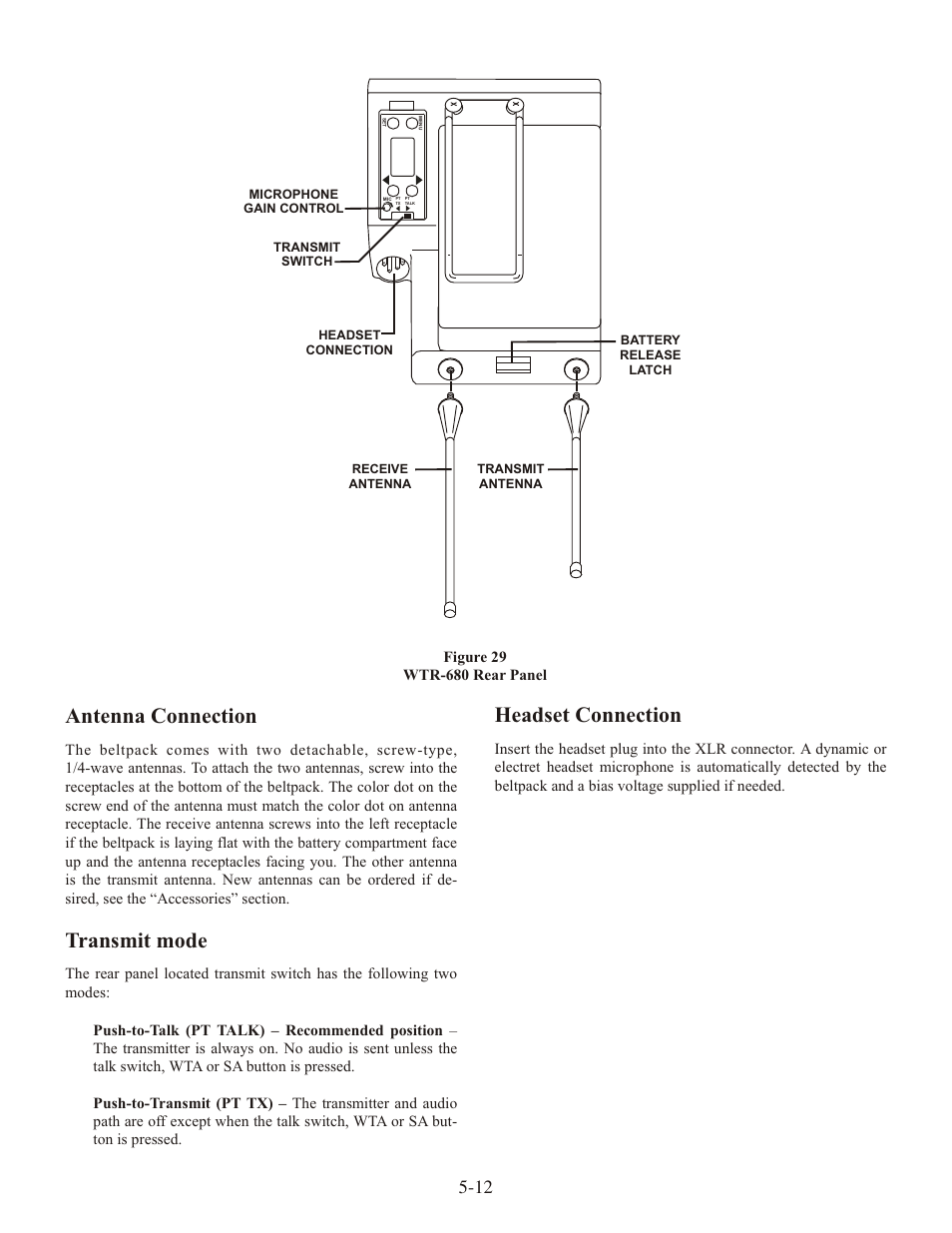 An tenna con nec tion, Trans mit mode, Head set con nec tion | Clear-Com WTR-680 User Manual | Page 30 / 86