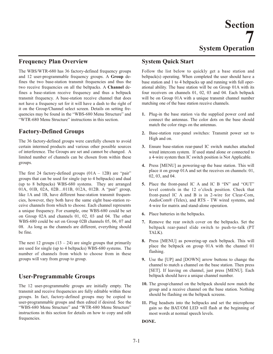 Ection, System op er a tion, Fre quency plan over view | Fac tory-defined groups, User-programmable groups, Sys tem quick start | Clear-Com WTR-680 User Manual | Page 33 / 86