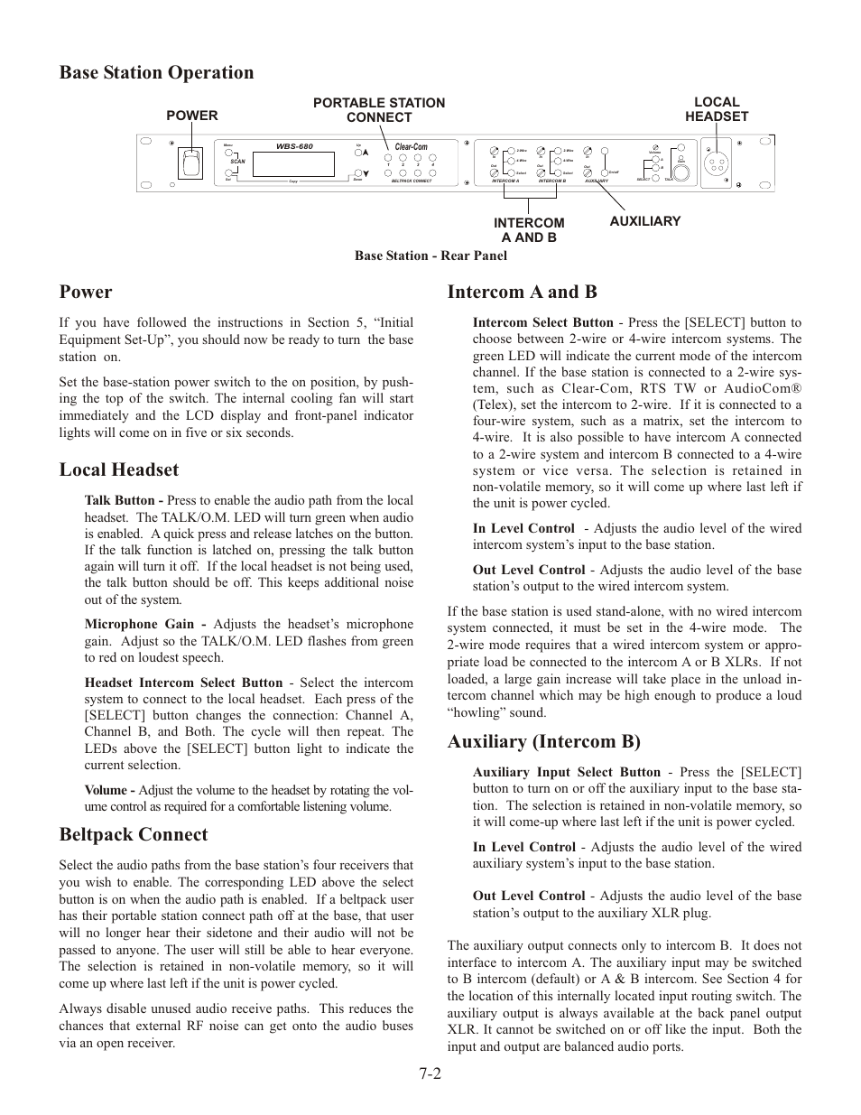 Base sta tion op er a tion power, Lo cal head set, Beltpack con nect | Aux il iary (in ter com b), Base sta tion - rear panel | Clear-Com WTR-680 User Manual | Page 34 / 86