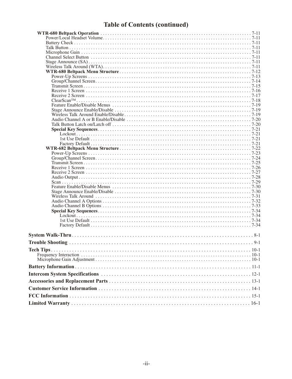 Ta ble of con tents (con tin ued) | Clear-Com WTR-680 User Manual | Page 4 / 86