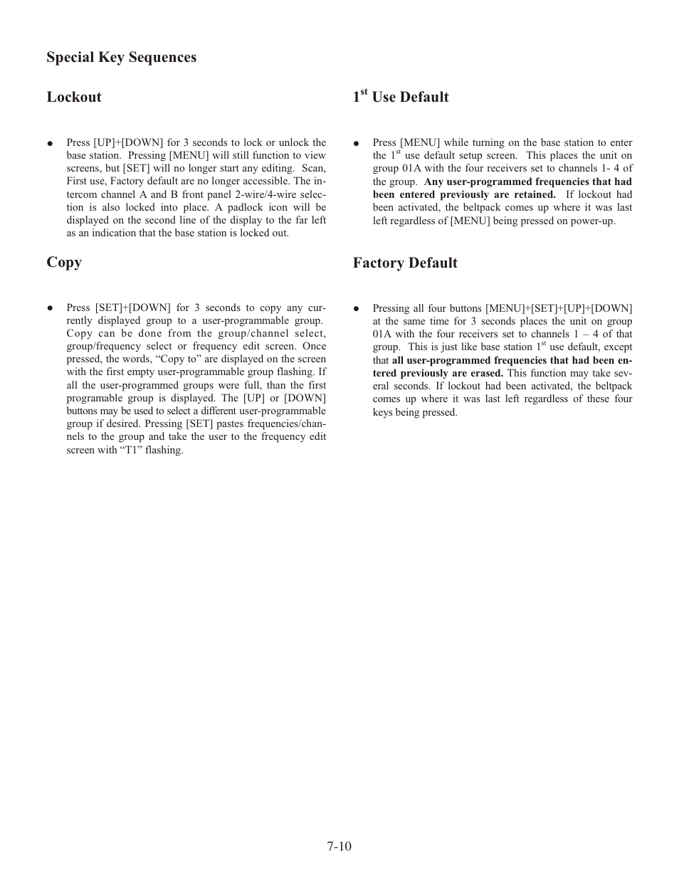 Spe cial key se quences lock out, Copy, Use de fault | Fac tory de fault | Clear-Com WTR-680 User Manual | Page 42 / 86