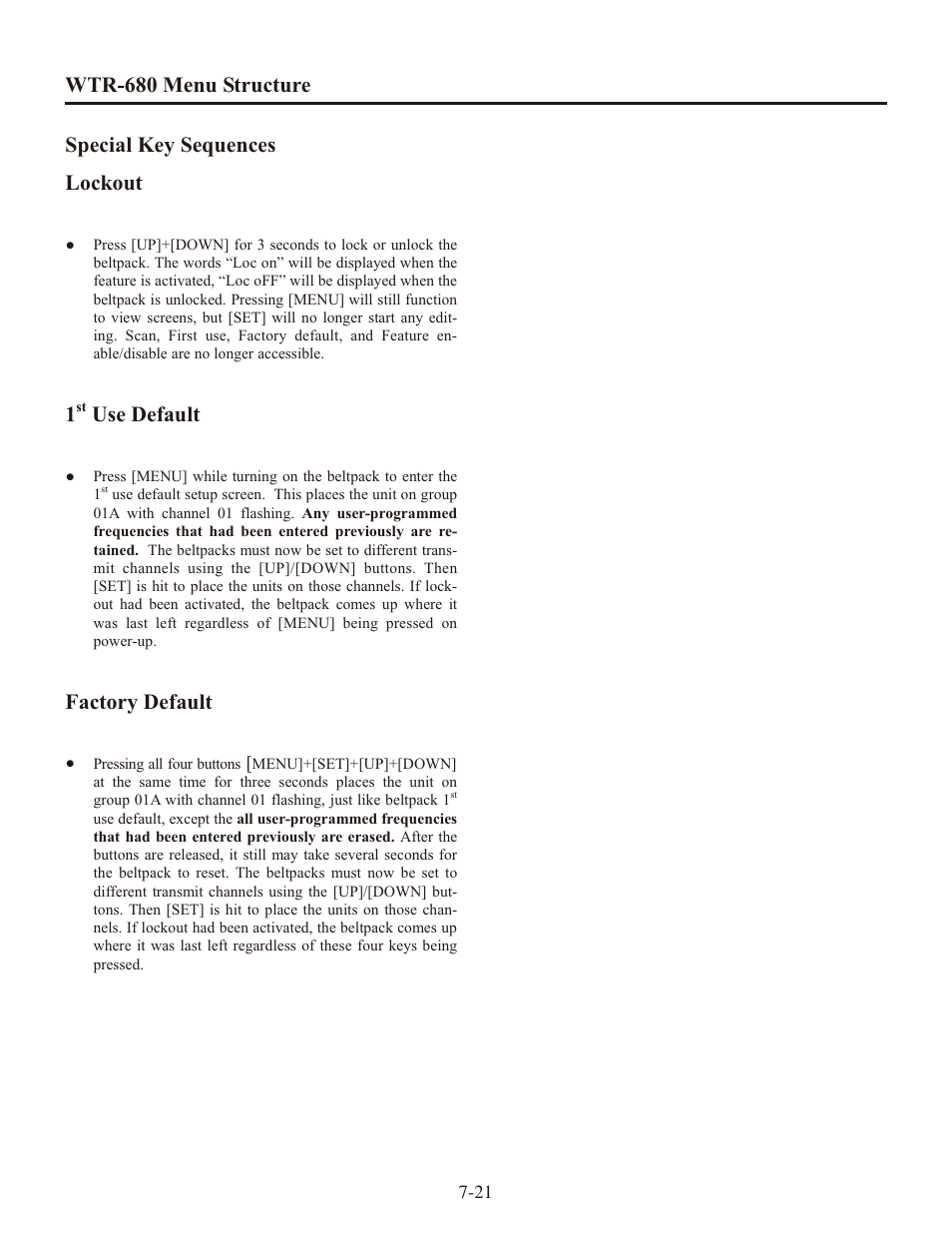 Use de fault, Fac tory de fault | Clear-Com WTR-680 User Manual | Page 53 / 86