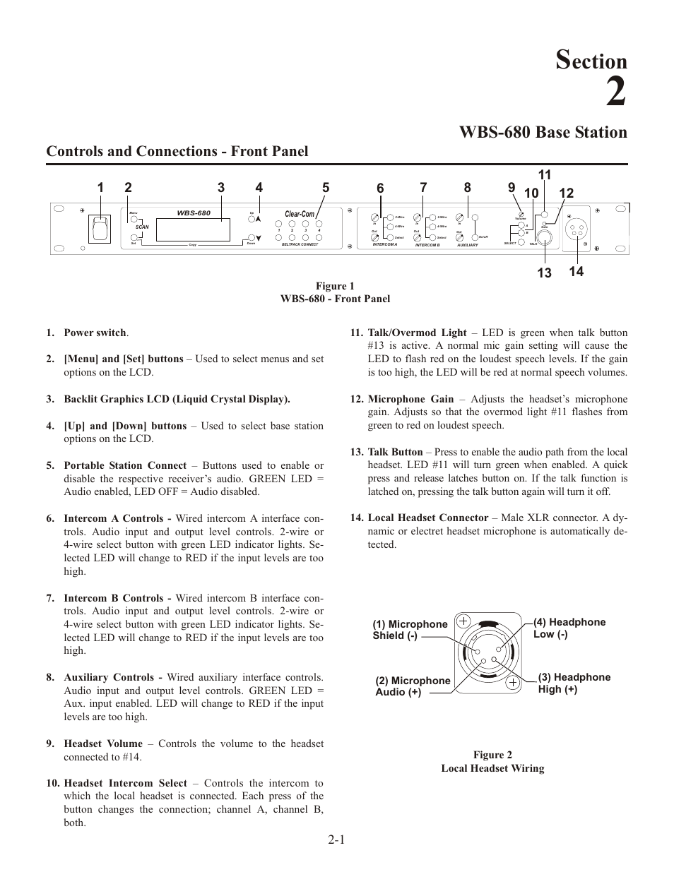 Ection, Wbs-680 base sta tion, Con trols and con nec tions - front panel | Clear-Com WTR-680 User Manual | Page 7 / 86