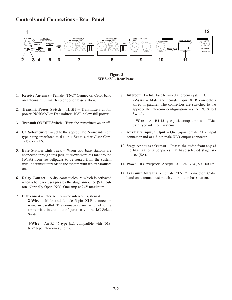 Con trols and con nec tions - rear panel, Fig ure 3 wbs-680 - rear panel | Clear-Com WTR-680 User Manual | Page 8 / 86