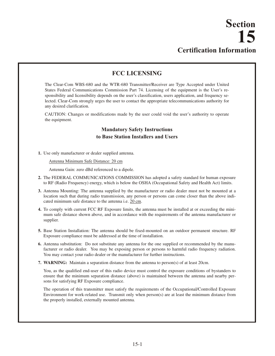 Ection, Cer tif i ca tion in for ma tion | Clear-Com WTR-680 User Manual | Page 81 / 86