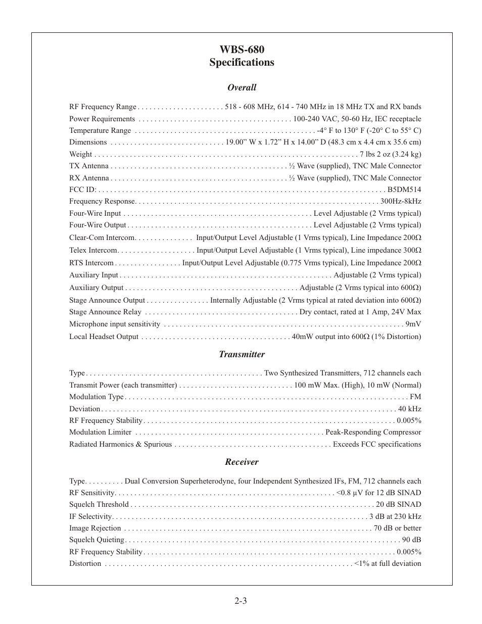 Wbs-680 spec i fi ca tions | Clear-Com WTR-680 User Manual | Page 9 / 86