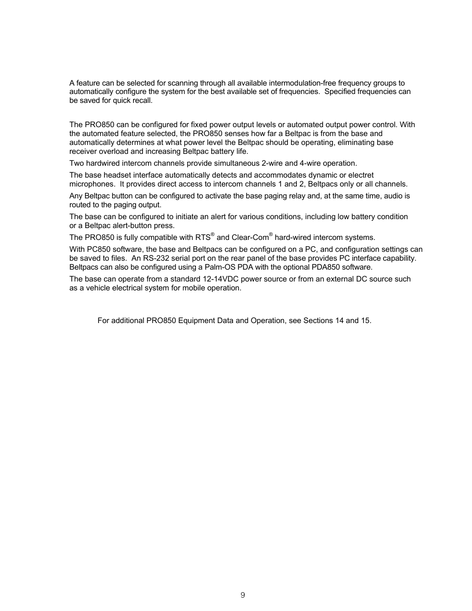Pro850 other features | Clear-Com BS850 (Last time buy) User Manual | Page 12 / 61